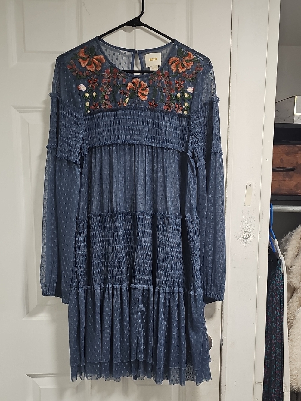 Maeve Dusty Blue Long-Sleeve Embroidered Yoke Tiered Dress